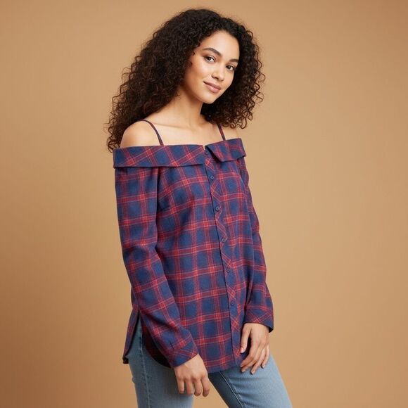 Skies Are Blue Tops - Skies Are Blue Navy & Red Plaid Off-Shoulder Button Down Top Size XS